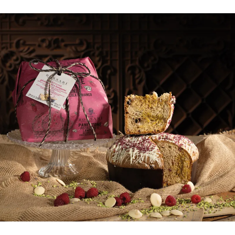 Panettone Lamponi Cioccolato Bianco e Pistacchio incartato a mano 8 x 750gr cod. 0036